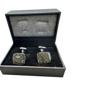 Hugo Boss Mens Carbon Fiber Inlay Green‎ Square Cufflinks Silver Tone with Box